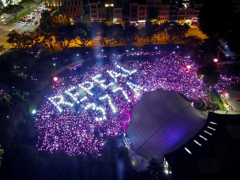 At the Speakers' Corner in Hong Lim Park in 2019, participants of Pink Dot, an annual event organised in support of the lesbian, gay, bisexual and transgender community, gathered in a formation that called for a repeal of Section 377A of the Penal Code. At the Speakers' Corner in Hong Lim Park in 2019, participants of Pink Dot, an annual event organised in support of the lesbian, gay, bisexual and transgender community, gathered in a formation that called for a repeal of Section 377A of the Penal Code.