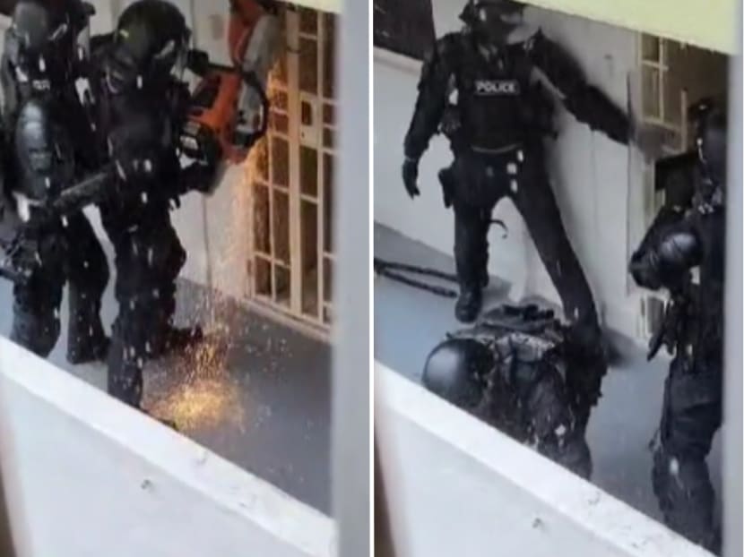 Screenshots from a video by TikTok user "zailia7276" showing police officers using a saw to breach a residential unit's main gate before entering. Screenshots from a video by TikTok user "zailia7276" showing police officers using a saw to breach a residential unit's main gate before entering.
