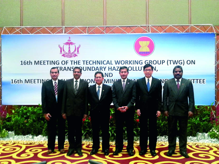 The ASEAN environment ministers at the 16th Sub-Regional Ministerial Steering Committee Meeting on Transboundary Haze Pollution in Brunei yesterday.  Photo: ASEAN