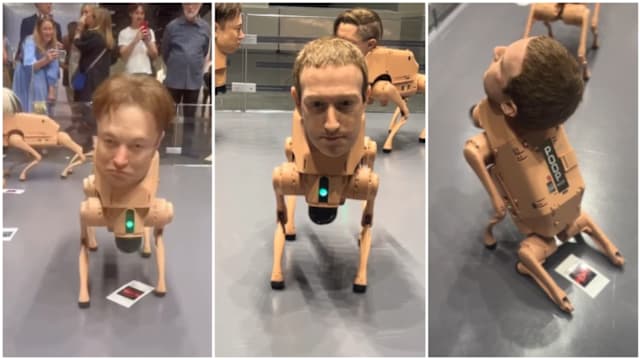 “科技巨头”满地爬 机器狗头戴名人面具还排泄照片