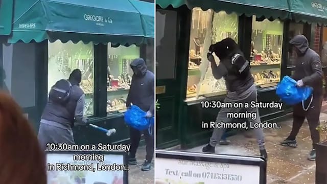 伦敦劫匪街头砸橱窗抢珠宝 店员奋力阻止无果