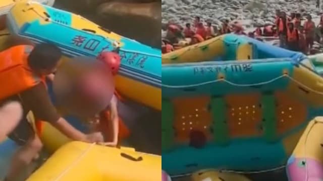 中国尧山大峡谷漂流 多艘橡皮艇追尾翻船