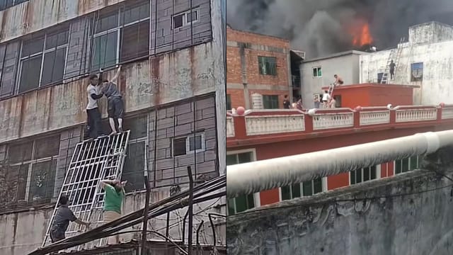 福建晋江鞋厂大火 攀岩爱好者徒手攀墙勇救三人