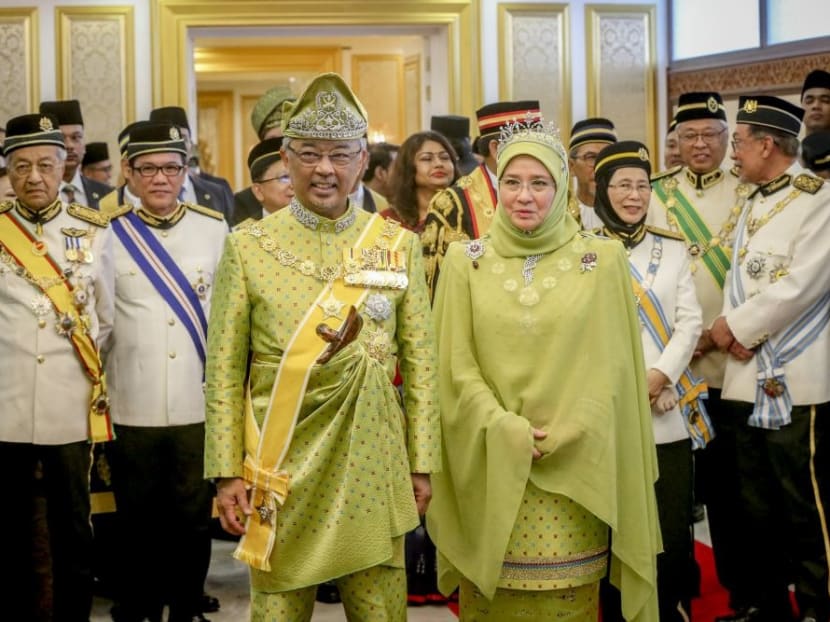 Yang di-Pertuan Agong Al-Sultan Abdullah Ri’ayatuddin Al-Mustafa Billah Shah and Raja Permaisuri Agong Tunku Hajah Azizah Aminah Maimunah Iskandariah Almarhum Sultan Iskandar are pictured at Parliament on March 11, 2019.