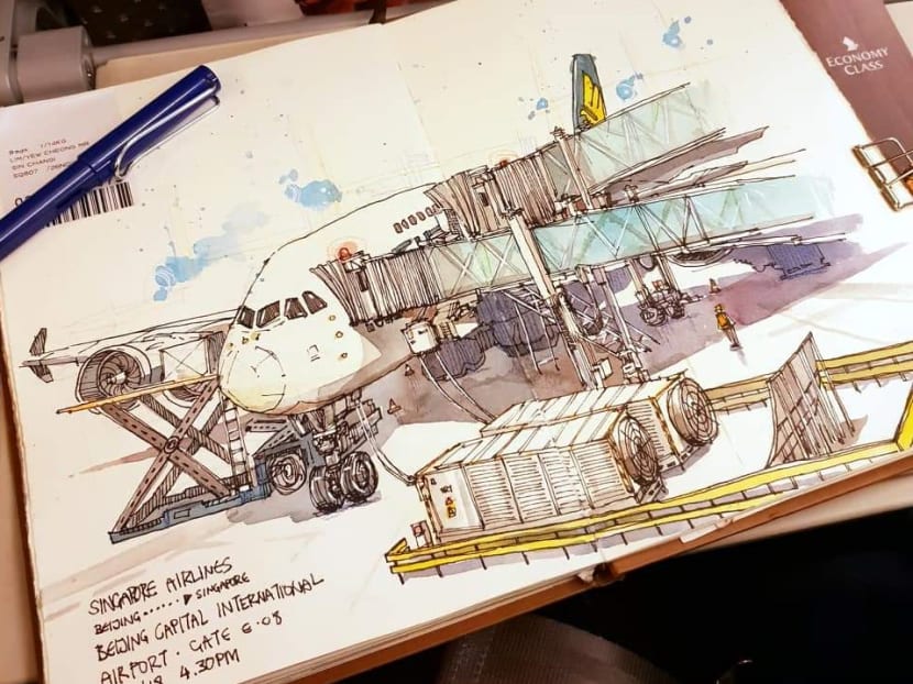 Mr James Lim, who carries his fountain pens on his travels, sketches Beijing Capital International Airport during his trip there in 2018.
