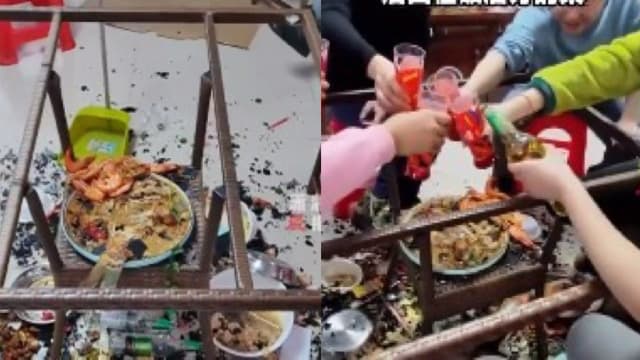 吃饭一半桌子“炸了” 一家人淡定碰杯续饮