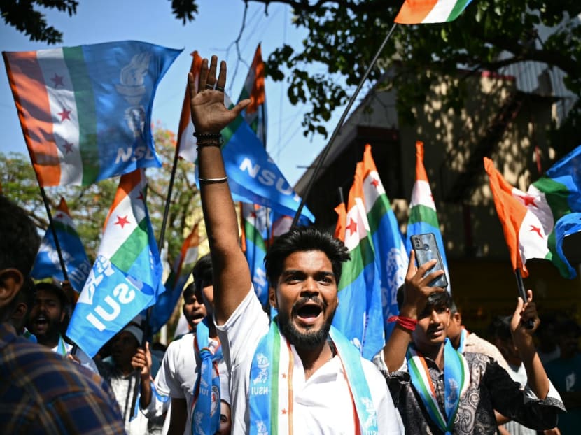 Members of the National Students' Union of India gather during a roadshow by the chief minister of Karnataka state Siddaramaiah as part of the Indian National Congress party campaign in Bengaluru on April 7, 2024, ahead of tthe country's upcoming general elections. Members of the National Students' Union of India gather during a roadshow by the chief minister of Karnataka state Siddaramaiah as part of the Indian National Congress party campaign in Bengaluru on April 7, 2024, ahead of tthe country's upcoming general elections.
