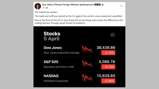 中方指全球金融市场显示抵制美国关税政策 呼吁进行“平等协商”