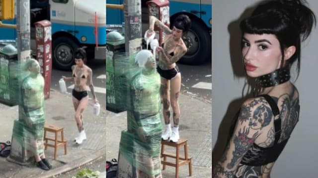 纽约街头另类“木乃伊秀”男子被裹紧绑路灯再淋牛奶