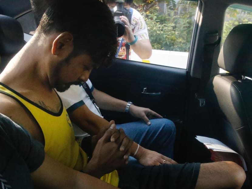 Saravanan Arimuram pictured arriving in court on Feb 17, 2018 when he was initially charged with murder.