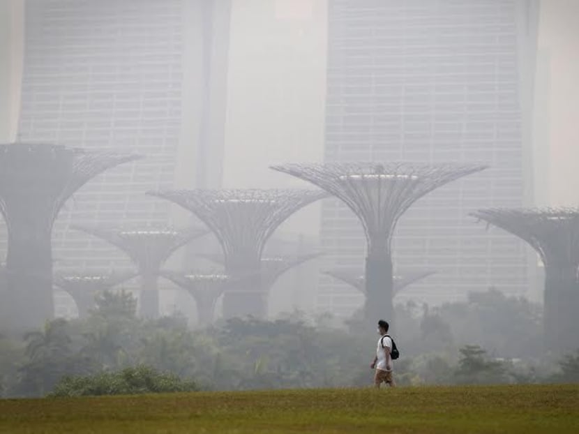 A man walks at Marina Barrage during a hazy day on Sept 24, 2015. Photo: Jason Quah