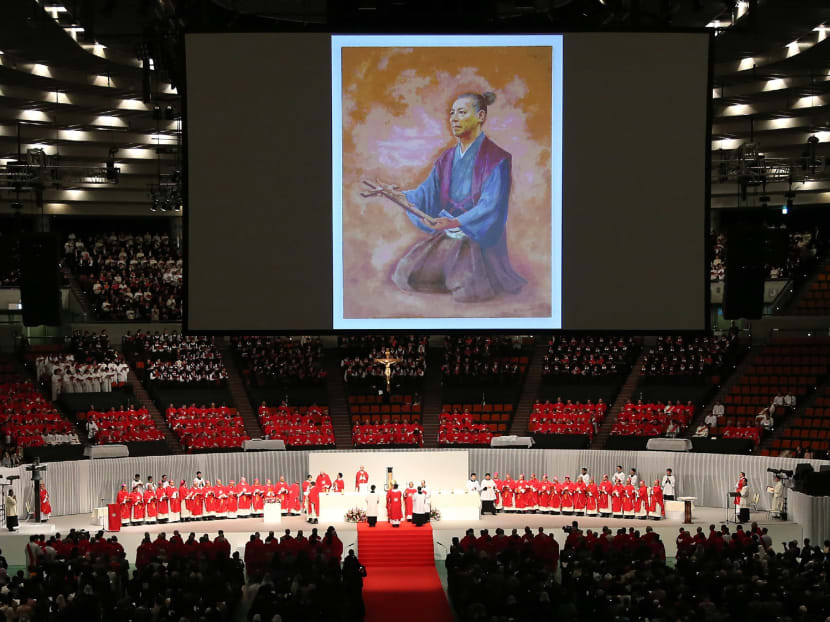 An illustration of Christian Samurai Ukon Takayama (1553-1615), depicted by Japanese artist Kazuko Mimaki, on a screen during Takayama's beatification ceremony in Osaka on Feb 7, 2017. Photo: AFP