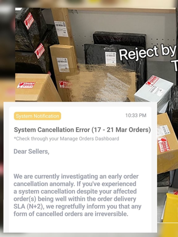 Screenshots of posts by affected Lazada sellers on the Lazada SG Seller Community Facebook page. 