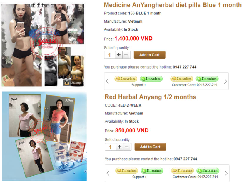 Screenshots of Anyang Herbal Blue and Anyang Herbal Red on the website of Jessie Cosmetics.