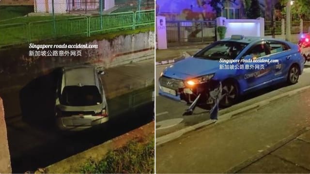 汽车和德士相撞后落入沟渠 司机送院