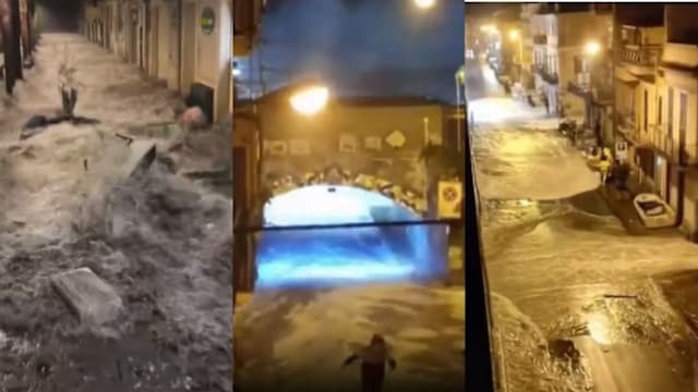 意大利度假岛遭强烈风暴侵袭 街道瞬间成河