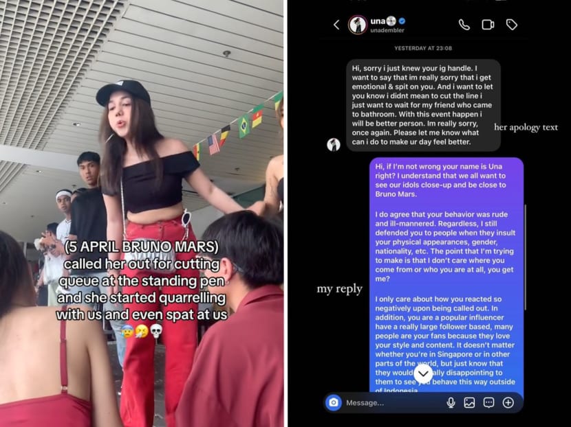 An Indonesian social media influencer (left) has apologised in an Instagram message (right) for spitting on a fellow Bruno Mars concertgoer in a queue at the National Stadium on April 5, 2024. An Indonesian social media influencer (left) has apologised in an Instagram message (right) for spitting on a fellow Bruno Mars concertgoer in a queue at the National Stadium on April 5, 2024.