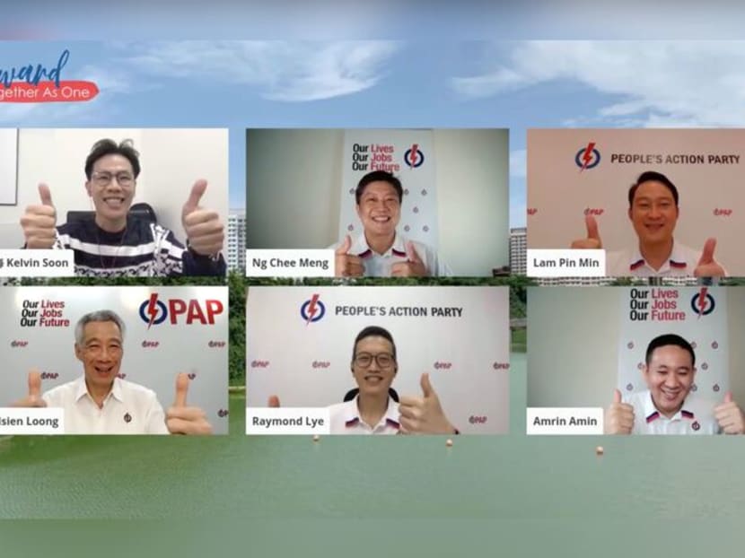 Mr Lee Hsien Loong (bottom right) with the People's Action Party Sengkang GRC team and the event host Kelvin Soon an e-rally. Mr Lee Hsien Loong (bottom right) with the People's Action Party Sengkang GRC team and the event host Kelvin Soon an e-rally.