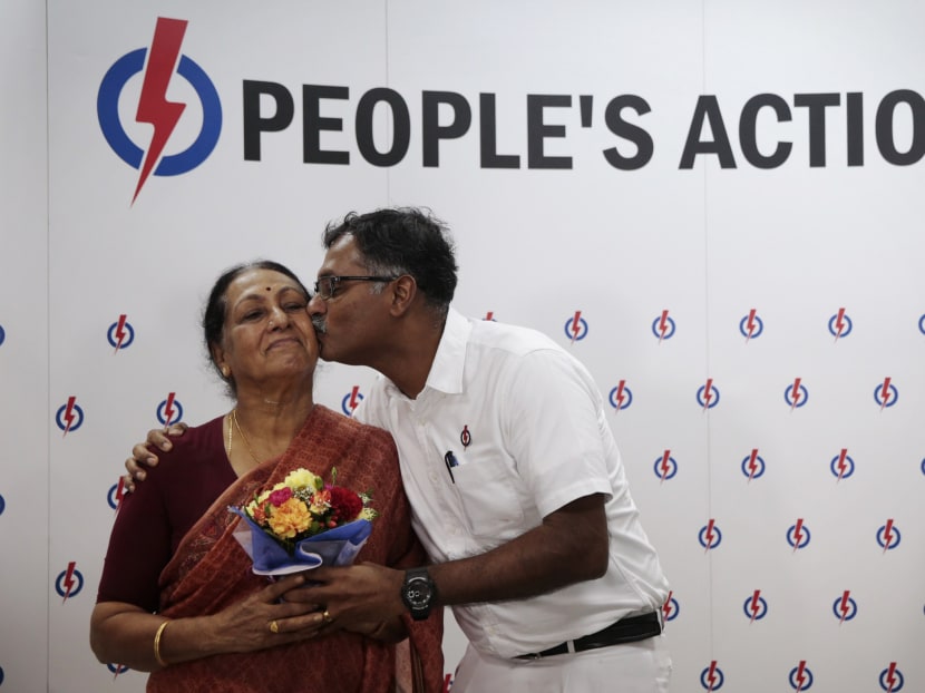 PAP's Murali Pillai kisses his mother Madam Vasanthi Ramadass at the end of a press conference following his victory in the Bukit Batok by-election. Photo: Jason Quah PAP's Murali Pillai kisses his mother Madam Vasanthi Ramadass at the end of a press conference following his victory in the Bukit Batok by-election. Photo: Jason Quah
