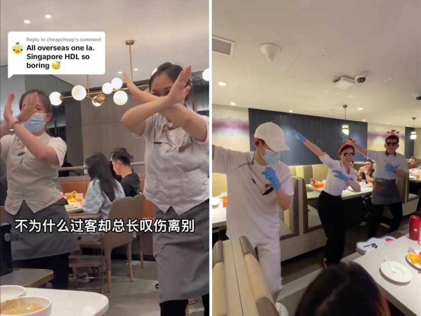 Screenshots from TikTok videos filmed at Haidilao outlets in Singapore, showing employees performing the viral "ke mu san" or "Subject Three" dance. Screenshots from TikTok videos filmed at Haidilao outlets in Singapore, showing employees performing the viral "ke mu san" or "Subject Three" dance.