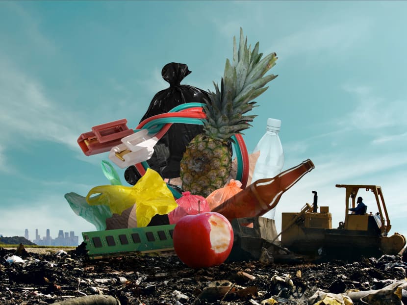 Singapore generated about 7.7 million tonnes of waste in 2018, enough to fill about 15,000 Olympic-size swimming pools. Illustration: Raymond Limantara/TODAY