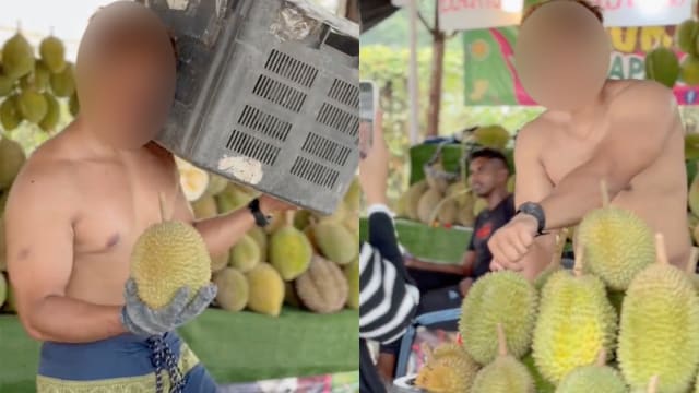 马国猛男打赤膊卖榴梿 当地卫生部：不鼓励