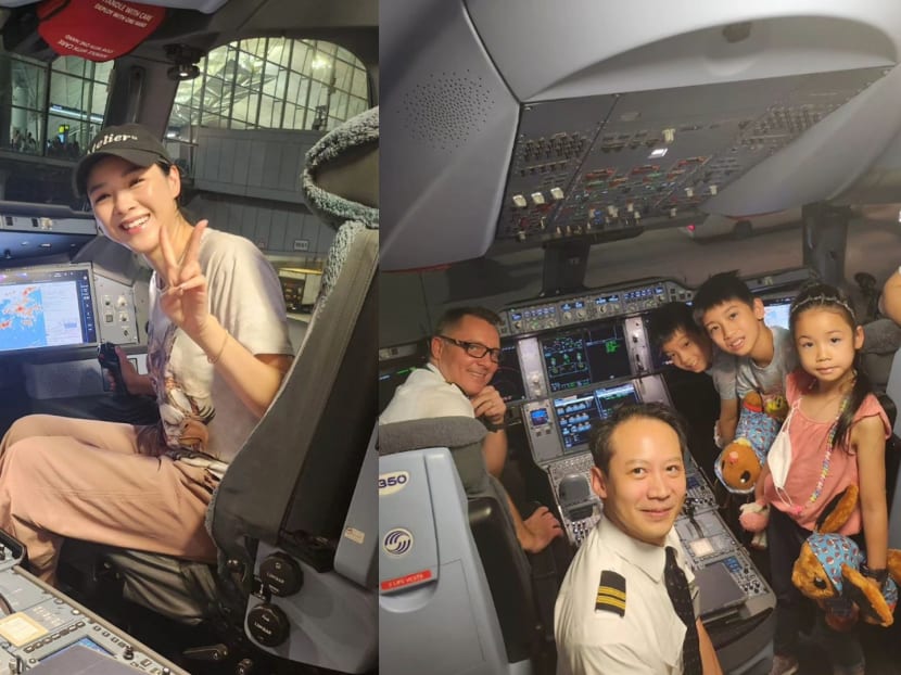 Aimee Chan and kids visiting the cockpit of the plane they were on shows being famous really has its perks