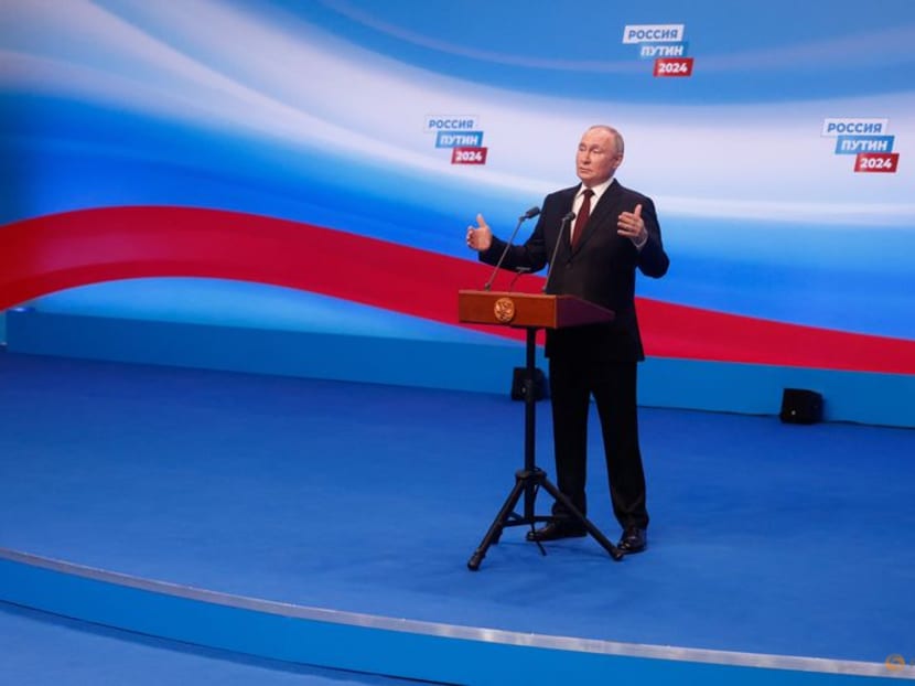 Russian presidential candidate and incumbent President Vladimir Putin speaks after polling stations closed, in Moscow, Russia, on March 18, 2024.