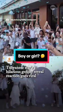 Aiya Chang couldn’t hide her, um, surprise when blue balloons revealed she’s having a boy. #8dayssg #8dayssgasianent #taiwan #genderreveal #party 