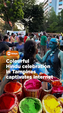 A Holi celebration in Tampines brought a burst of colour to the neighbourhood. The festival symbolises joy, renewal and new beginnings, and is becoming more common in multicultural Singapore #8dayssg #8dayssgtrending #tampines #holi #sgtiktok 