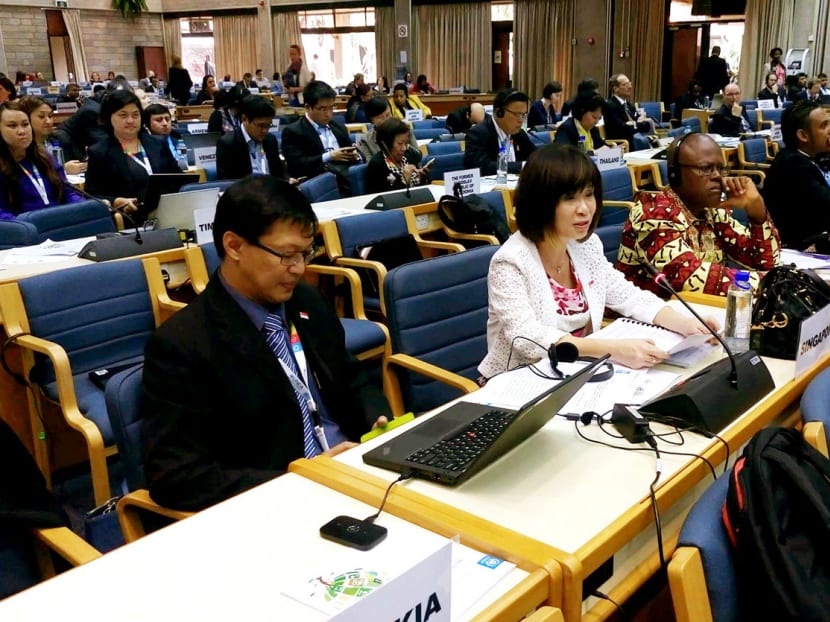 Dr Amy Khor speaking at a Unep event attended by more than 120 environment ministers last week in Nairobi, Kenya. Dr Khor discussed  Singapore’s enactment of the Transboundary Haze Pollution Act in 2014 to penalise errant companies and individuals who cause haze pollution here. Photo: dr Amy Khor’s Facebook page