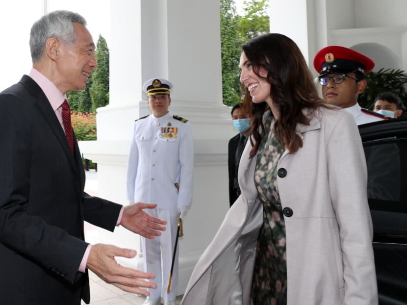 Prime Minister Lee Hsien Loong (left) greeting Ms Jacinda Ardern during her second official visit to Singapore in April 2022. Prime Minister Lee Hsien Loong (left) greeting Ms Jacinda Ardern during her second official visit to Singapore in April 2022.
