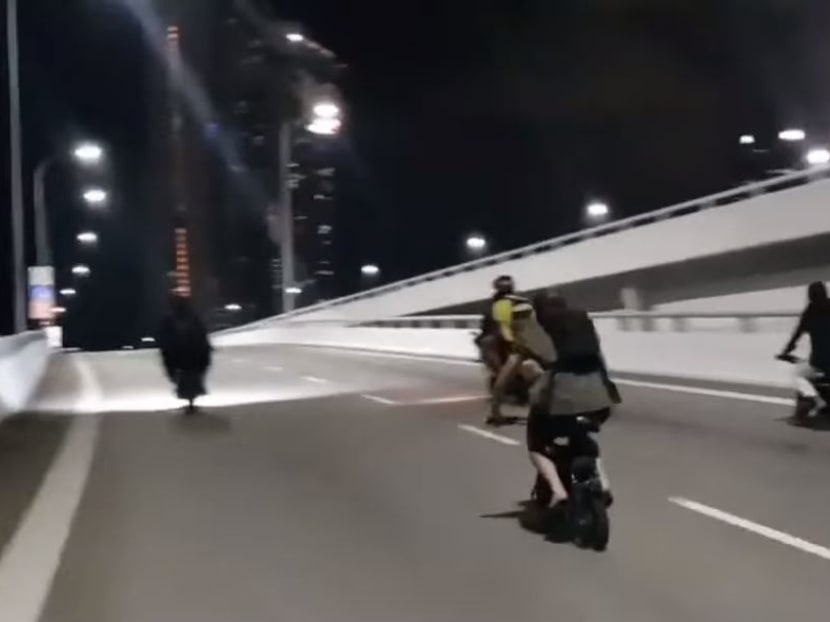 In a video circulating online, a group of men and women can be seen riding personal mobility devices and power-assisted bicycles on several roads here. In a video circulating online, a group of men and women can be seen riding personal mobility devices and power-assisted bicycles on several roads here.