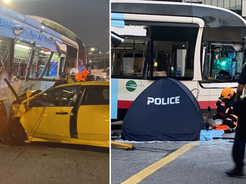 Screengrabs from social media showing the scene of the accident in Woodlands involving a car and a bus. Screengrabs from social media showing the scene of the accident in Woodlands involving a car and a bus.