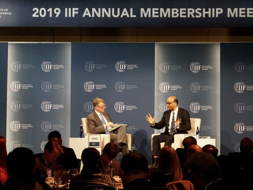 Senior Minister Tharman Shanmugaratnam speaks at the Institute of International Finance Annual Membership Meeting on Friday (Oct 18). Senior Minister Tharman Shanmugaratnam speaks at the Institute of International Finance Annual Membership Meeting on Friday (Oct 18).