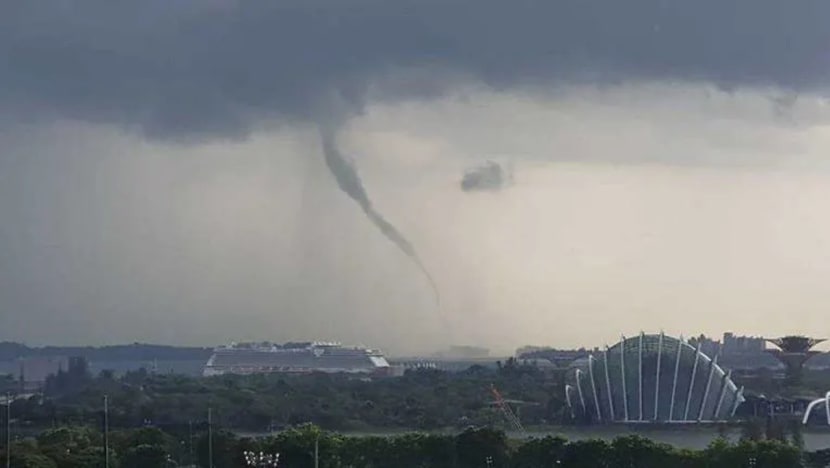 Waterspout seen off southern Singapore amid rainy, stormy weather