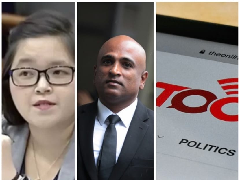 Activist Kirsten Han, lawyer M Ravi and The Online Citizen's logo.
