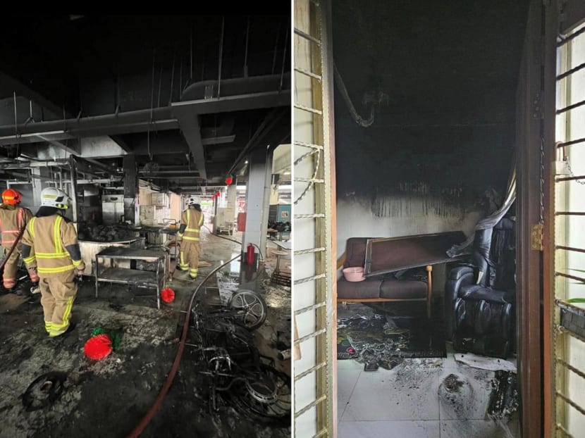 The aftermath of a fire at a market in Jalan Bukit Merah (left) and a housing unit in Clementi West (right). The aftermath of a fire at a market in Jalan Bukit Merah (left) and a housing unit in Clementi West (right).
