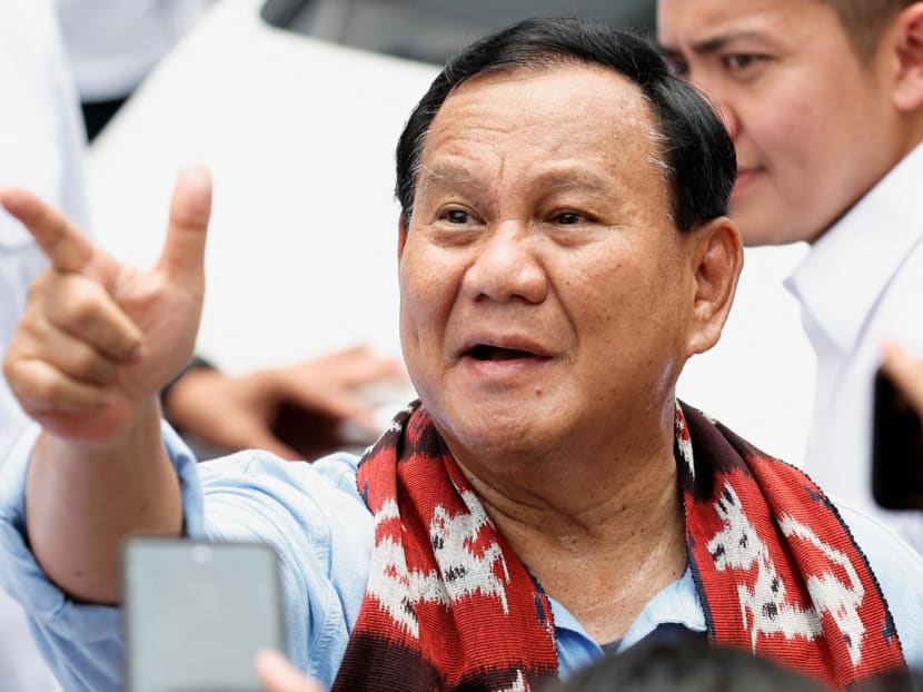 Indonesia's defence minister and presidential candidate, Mr Prabowo Subianto greets the supporters after registering himself for next year's presidential election, at the election commission headquarters in Jakarta, Indonesia on Oct 25, 2023. Indonesia's defence minister and presidential candidate, Mr Prabowo Subianto greets the supporters after registering himself for next year's presidential election, at the election commission headquarters in Jakarta, Indonesia on Oct 25, 2023.