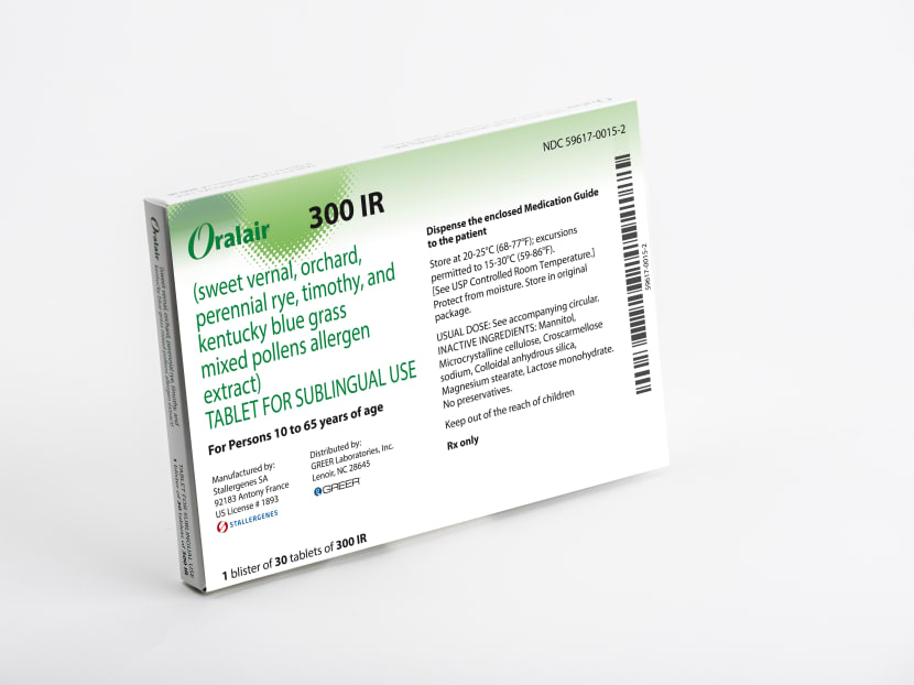 The packaging for Oralair, a grass pollen tablet. Photo: AP
