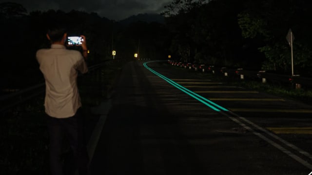 马国首条夜光道路登场  黑暗中发光助安全驾驶