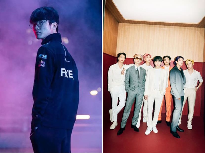 Reports that top South Korean e-sports player Lee Sang-hyeok (left), also known as Faker, could be exempted from mandatory military service if he clinches a gold medal at the Asian Games has caused controversy between e-sports fans and fans of K-pop groups such as BTS (right).