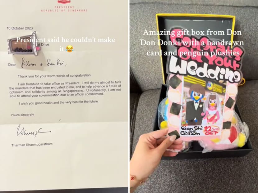 A newlywed couple showing in a TikTok video the unexpected gifts and responses that they received after sending out wedding invitations to President Tharman Shanmugaratnam and several brands.
A newlywed couple showing in a TikTok video the unexpected gifts and responses that they received after sending out wedding invitations to President Tharman Shanmugaratnam and several brands.