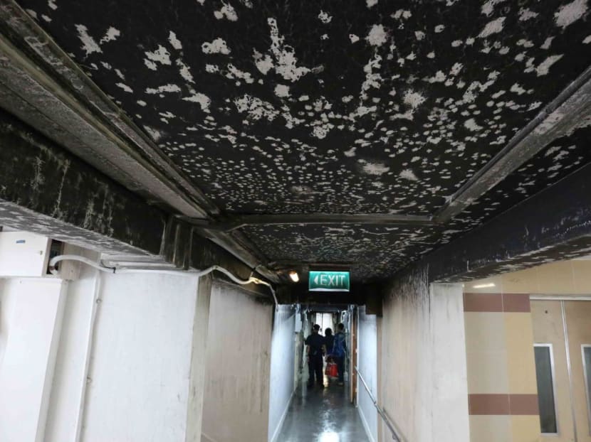 A view of a corridor at Block 91 Henderson Road on Dec 9, 2022 — a day after a fire occurred in a flat there. A view of a corridor at Block 91 Henderson Road on Dec 9, 2022 — a day after a fire occurred in a flat there.
