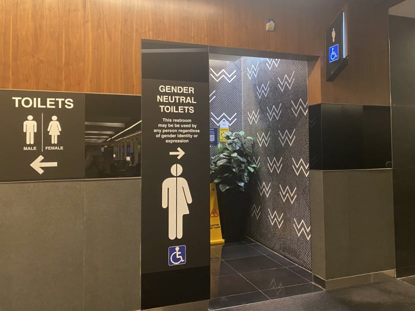 The entrance area to a temporary set of toilets designated as "gender neutral" at Suntec Singapore Convention & Exhibition Centre, photographed on Aug 16, 2023. Separate male and female toilets are also signposted.