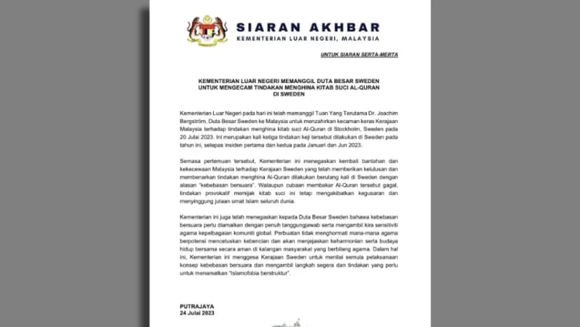 Kementerian Luar M'sia panggil Duta Besar Sweden berikutan insiden bakar al-Quran