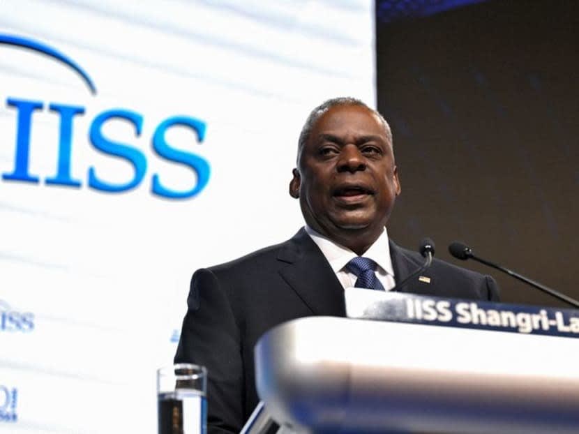 United States Secretary of Defence Lloyd Austin speaking at the Shangri-La Dialogue in Singapore on June 3, 2023.