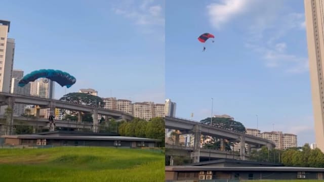 吉隆坡男子从公寓楼顶跳伞 路人：获许可？　
