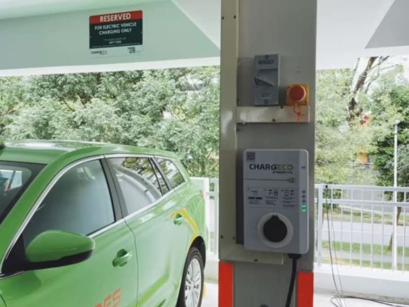 An electric vehicle charging point at an HDB car park in Telok Blangah. 