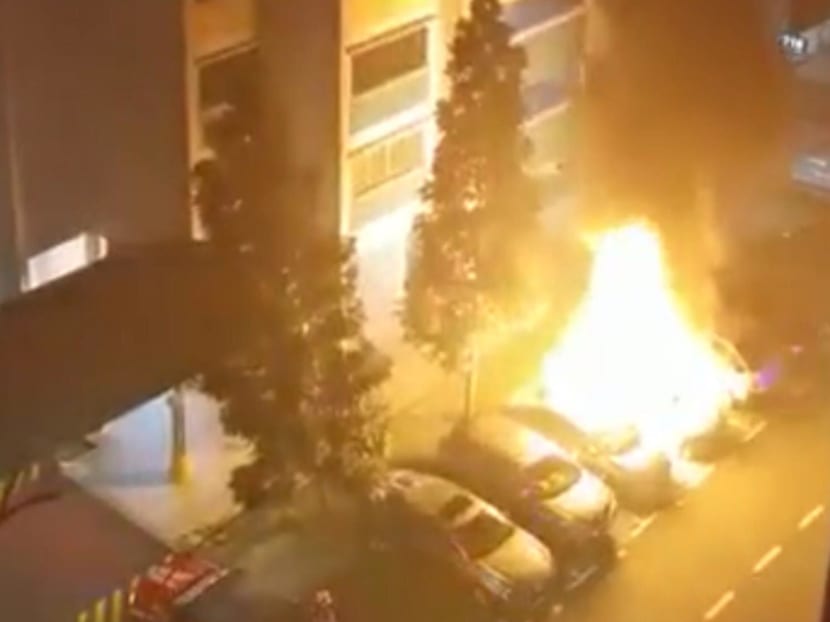 A man was taken to the Singapore General Hospital for burn injuries and four vehicles were damaged in a blaze at a public car park. A man was taken to the Singapore General Hospital for burn injuries and four vehicles were damaged in a blaze at a public car park.